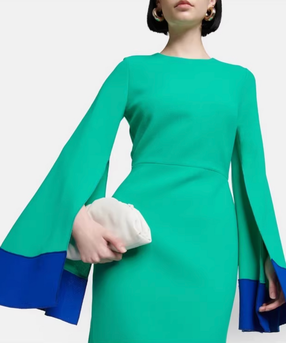 Emerald Round Neck Color Block Flare Sleeve Midi Sheath Dress