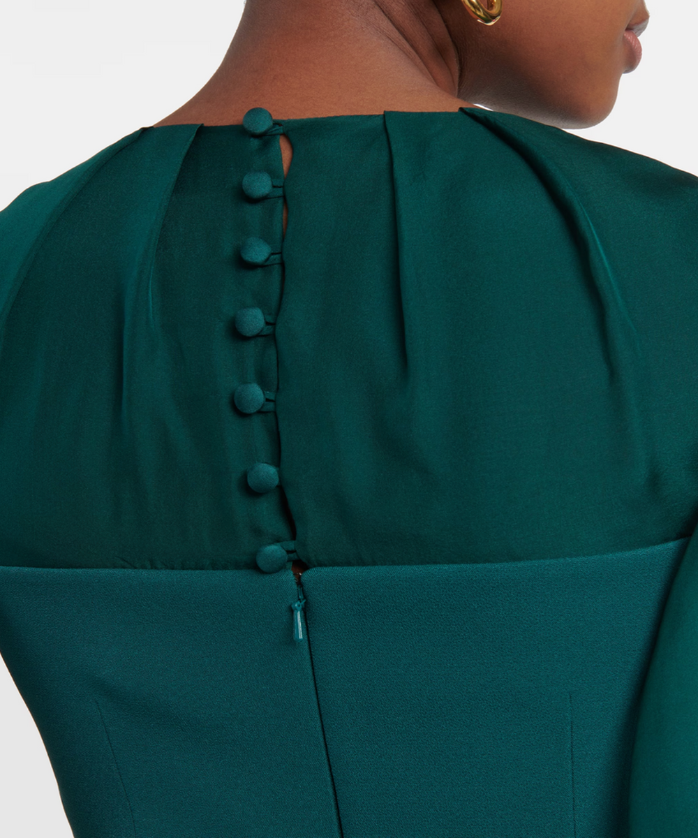 Emerald Green Chiffon Cape Sleeve Mixed Fabric Pleated Maxi Evening Gown