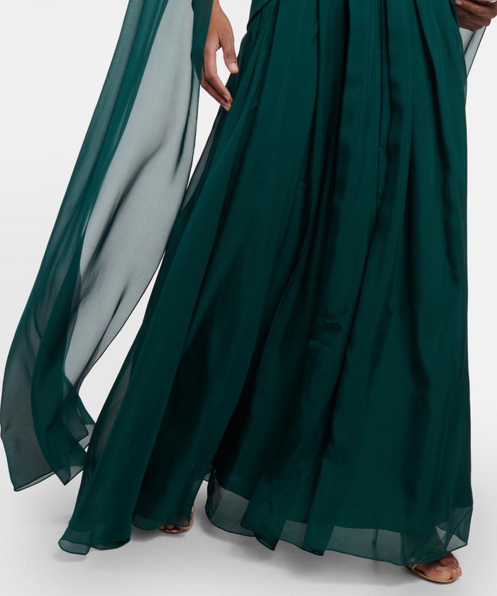 Emerald Green Chiffon Cape Sleeve Mixed Fabric Pleated Maxi Evening Gown