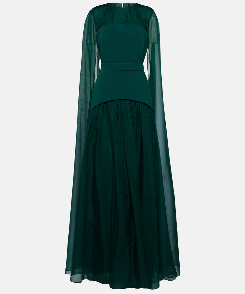 Emerald Green Chiffon Cape Sleeve Mixed Fabric Pleated Maxi Evening Gown