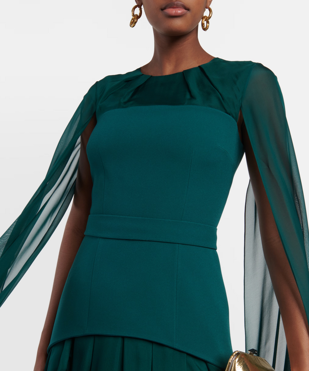 Emerald Green Chiffon Cape Sleeve Mixed Fabric Pleated Maxi Evening Gown