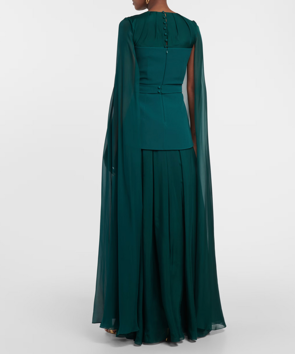 Emerald Green Chiffon Cape Sleeve Mixed Fabric Pleated Maxi Evening Gown