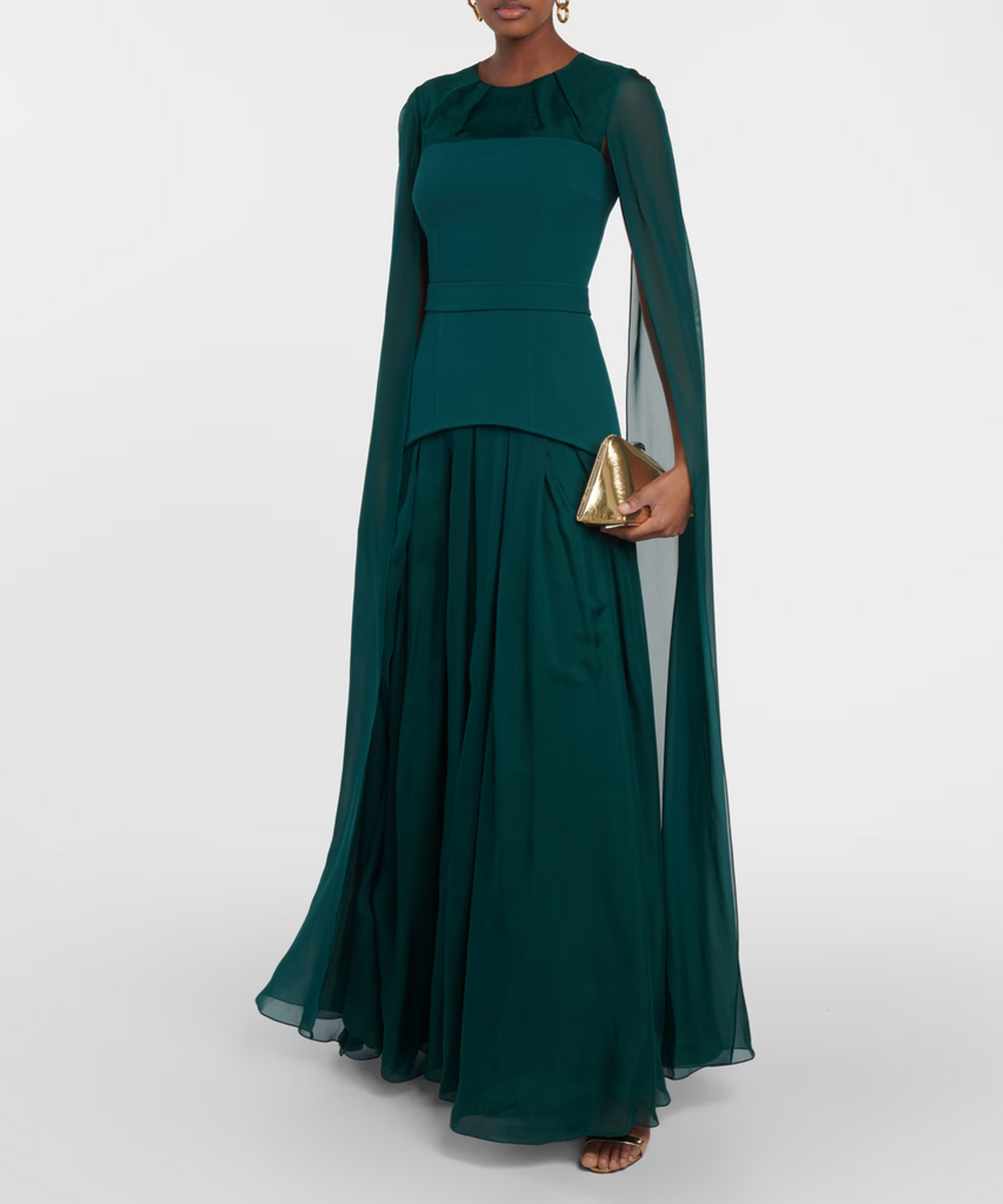 Emerald Green Chiffon Cape Sleeve Mixed Fabric Pleated Maxi Evening Gown