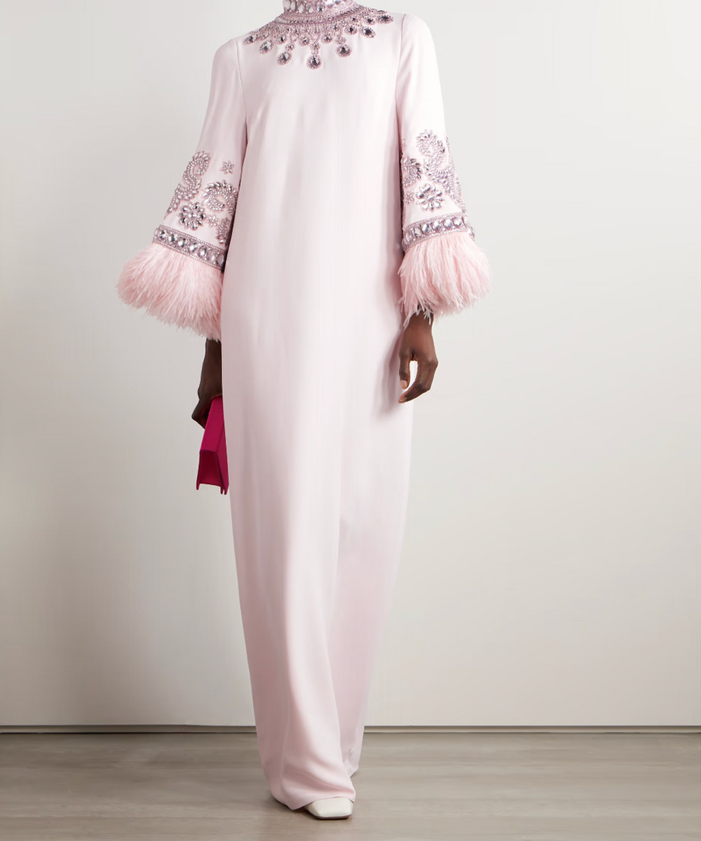 Dusty Pink High Neck Crystal Embellished Flared Feather Cuff Long Maxi Abaya Gown