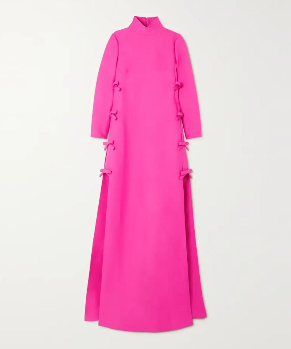 Hot Pink High Neck Bow Embellished Side Slit Long Sleeve Maxi Evening Gown