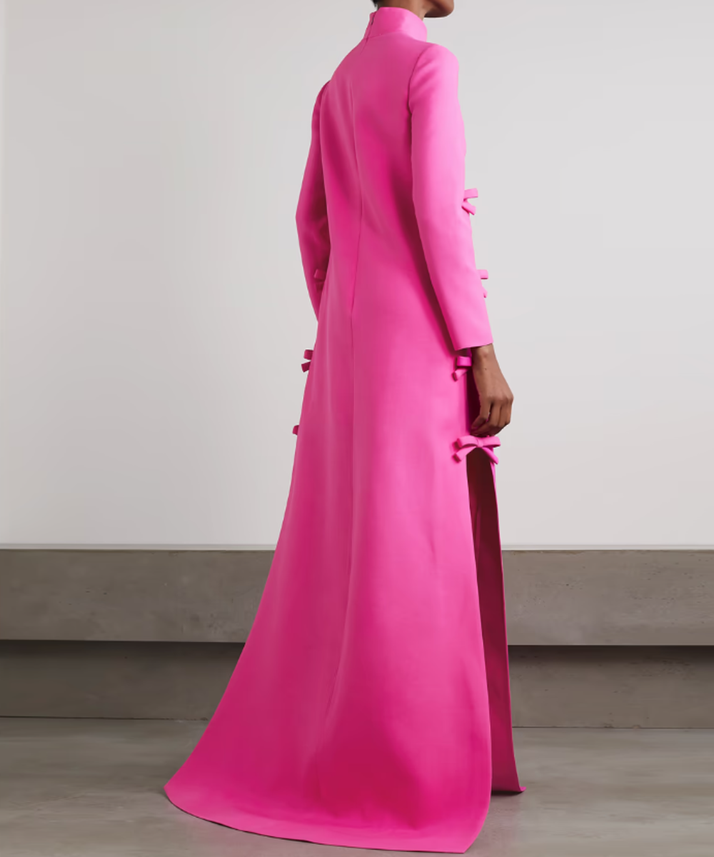 Hot Pink High Neck Bow Embellished Side Slit Long Sleeve Maxi Evening Gown