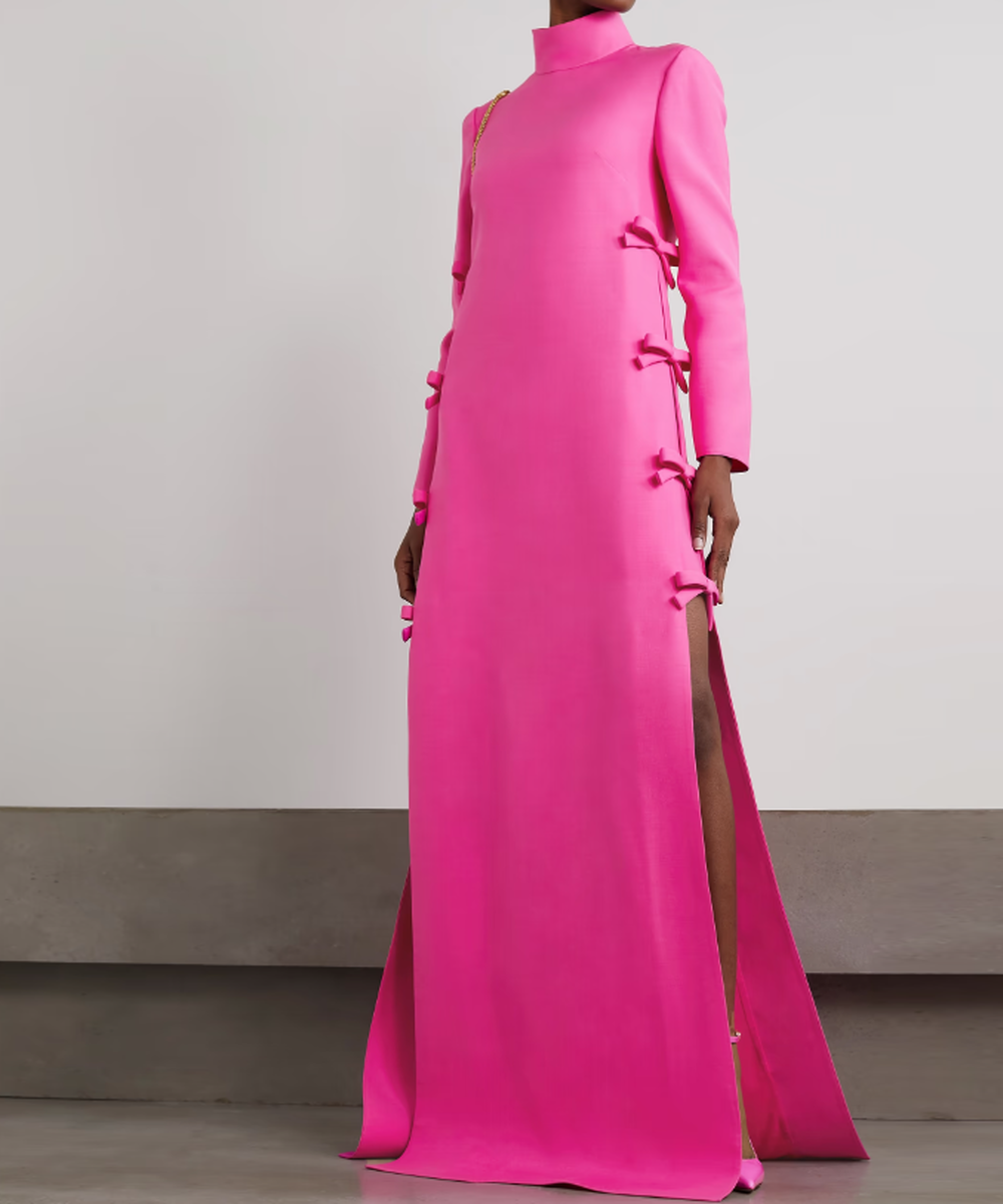 Hot Pink High Neck Bow Embellished Side Slit Long Sleeve Maxi Evening Gown