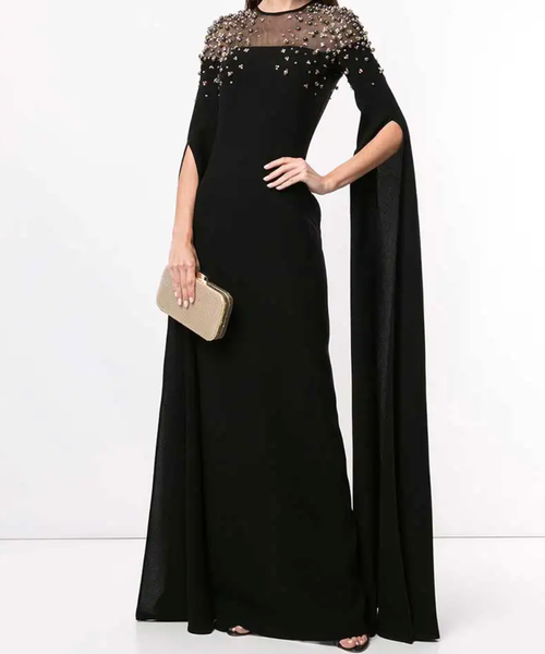 Black Sheer Yoke Crystal Beaded Cape Sleeve Column Maxi Evening Gown