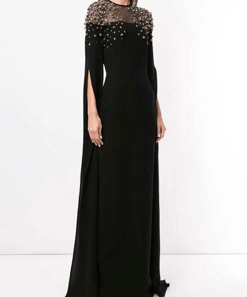Black Sheer Yoke Crystal Beaded Cape Sleeve Column Maxi Evening Gown