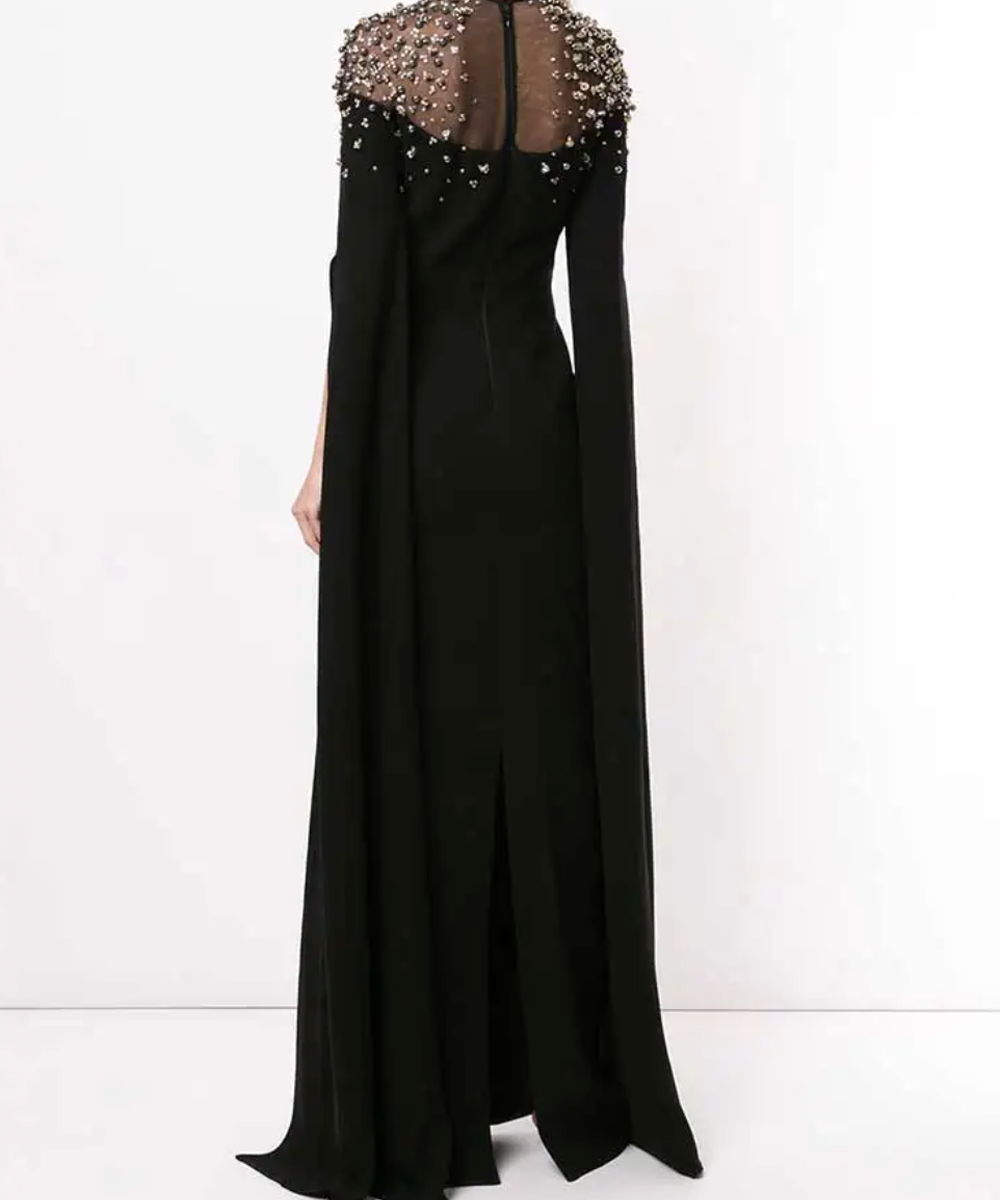 Black Sheer Yoke Crystal Beaded Cape Sleeve Column Maxi Evening Gown