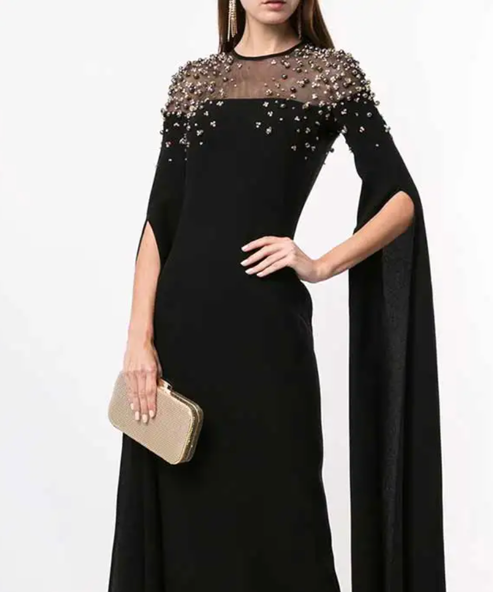 Black Sheer Yoke Crystal Beaded Cape Sleeve Column Maxi Evening Gown