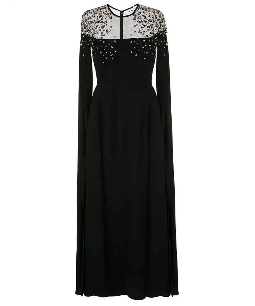 Black Sheer Yoke Crystal Beaded Cape Sleeve Column Maxi Evening Gown