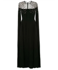 Black Sheer Yoke Crystal Beaded Cape Sleeve Column Maxi Evening Gown