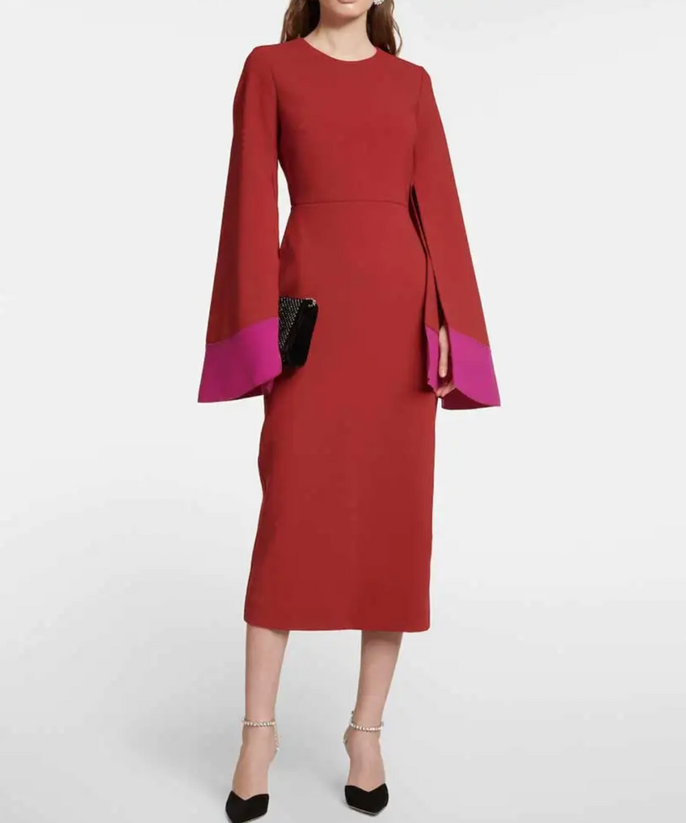 Wine Red Round Neck Fuchsia Cuff Color Block Split Sleeve Midi Sheath Dress