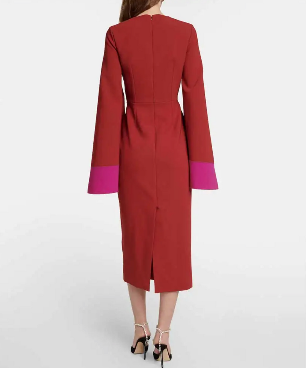 Wine Red Round Neck Fuchsia Cuff Color Block Split Sleeve Midi Sheath Dress
