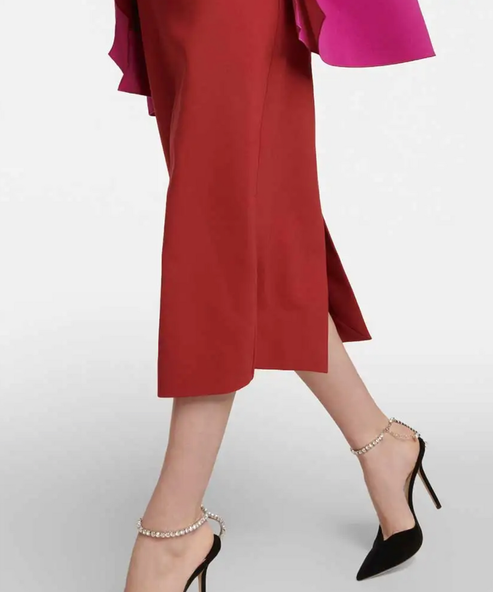 Wine Red Round Neck Fuchsia Cuff Color Block Split Sleeve Midi Sheath Dress