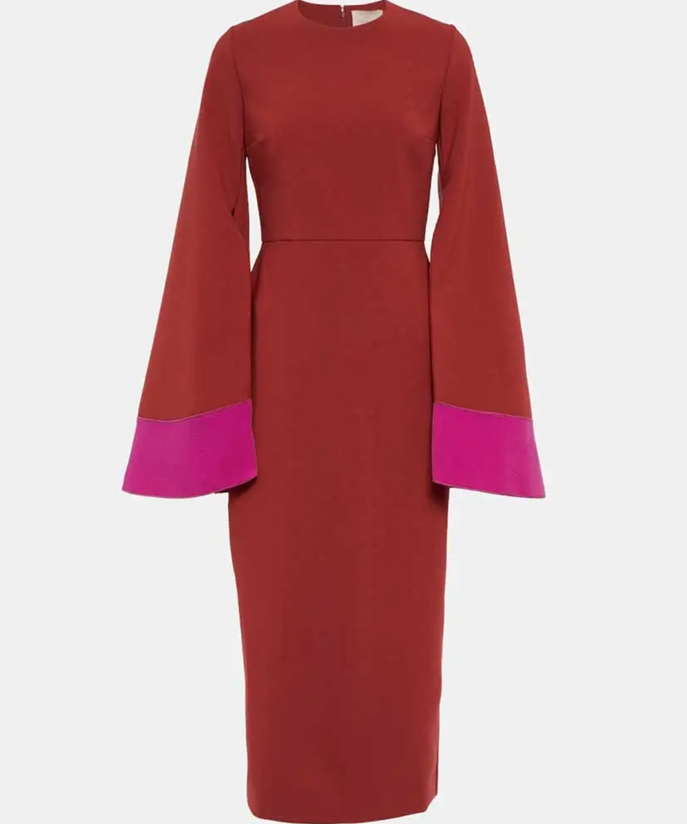 Wine Red Round Neck Fuchsia Cuff Color Block Split Sleeve Midi Sheath Dress