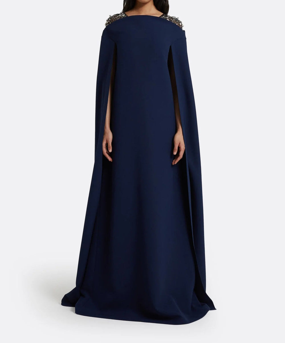 Navy Off Shoulder Crystal Embellished Cape Sleeve Column Maxi Gown