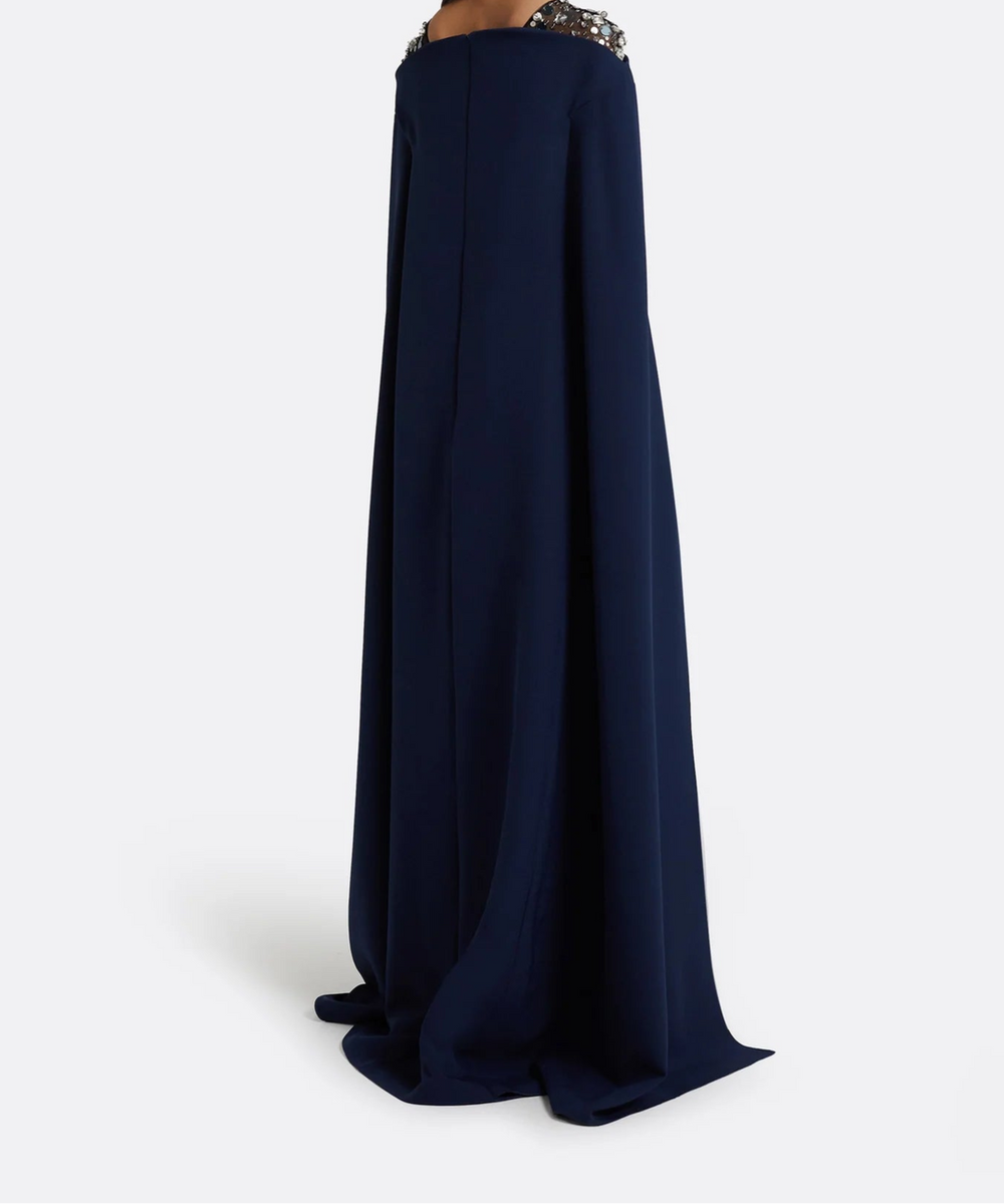 Navy Off Shoulder Crystal Embellished Cape Sleeve Column Maxi Gown