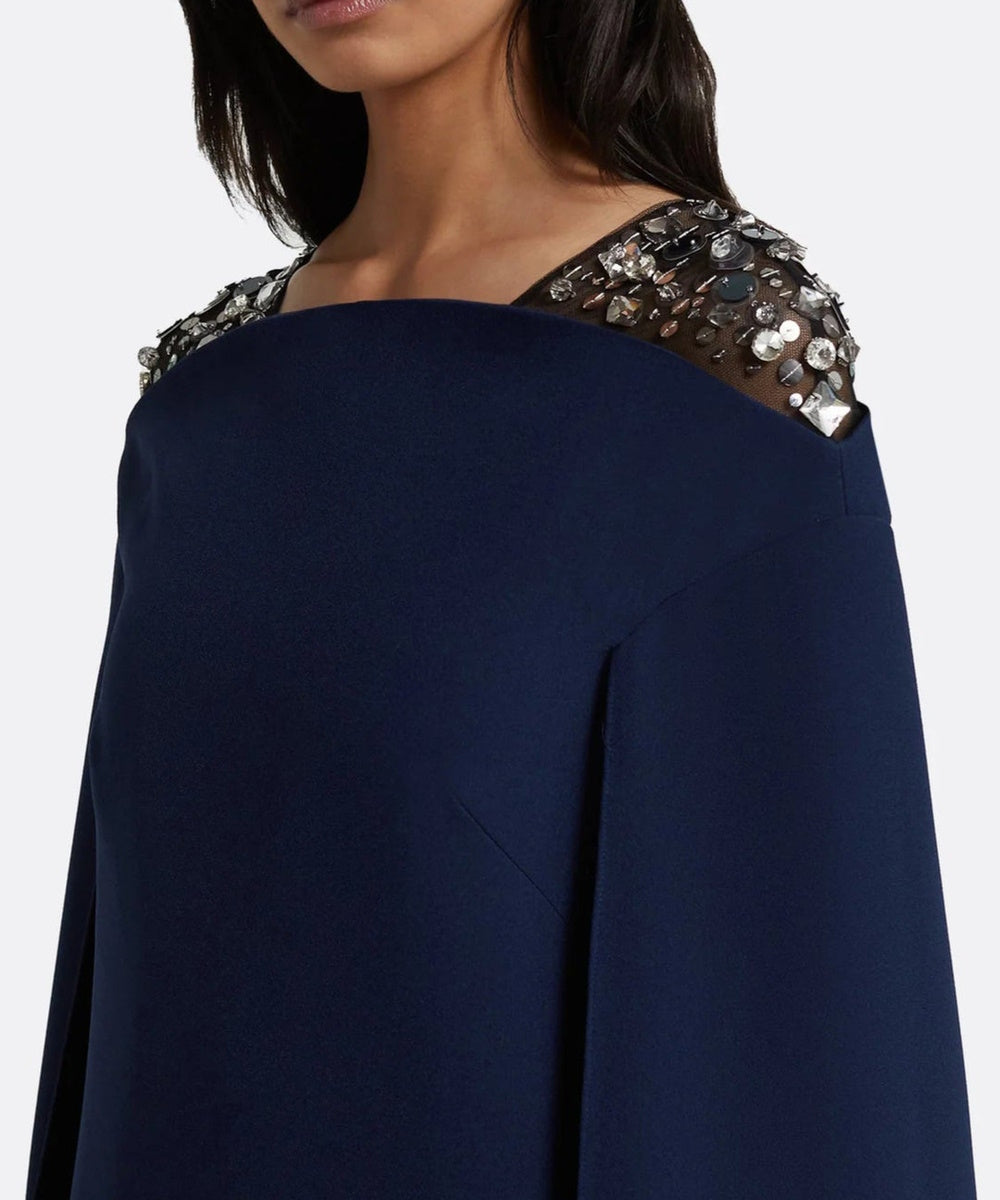 Navy Off Shoulder Crystal Embellished Cape Sleeve Column Maxi Gown