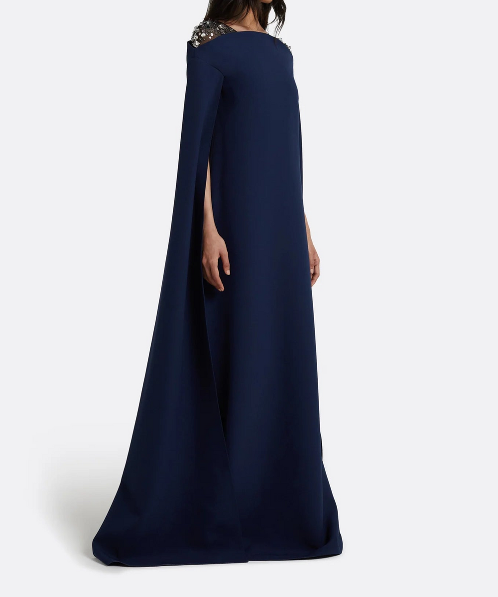 Navy Off Shoulder Crystal Embellished Cape Sleeve Column Maxi Gown