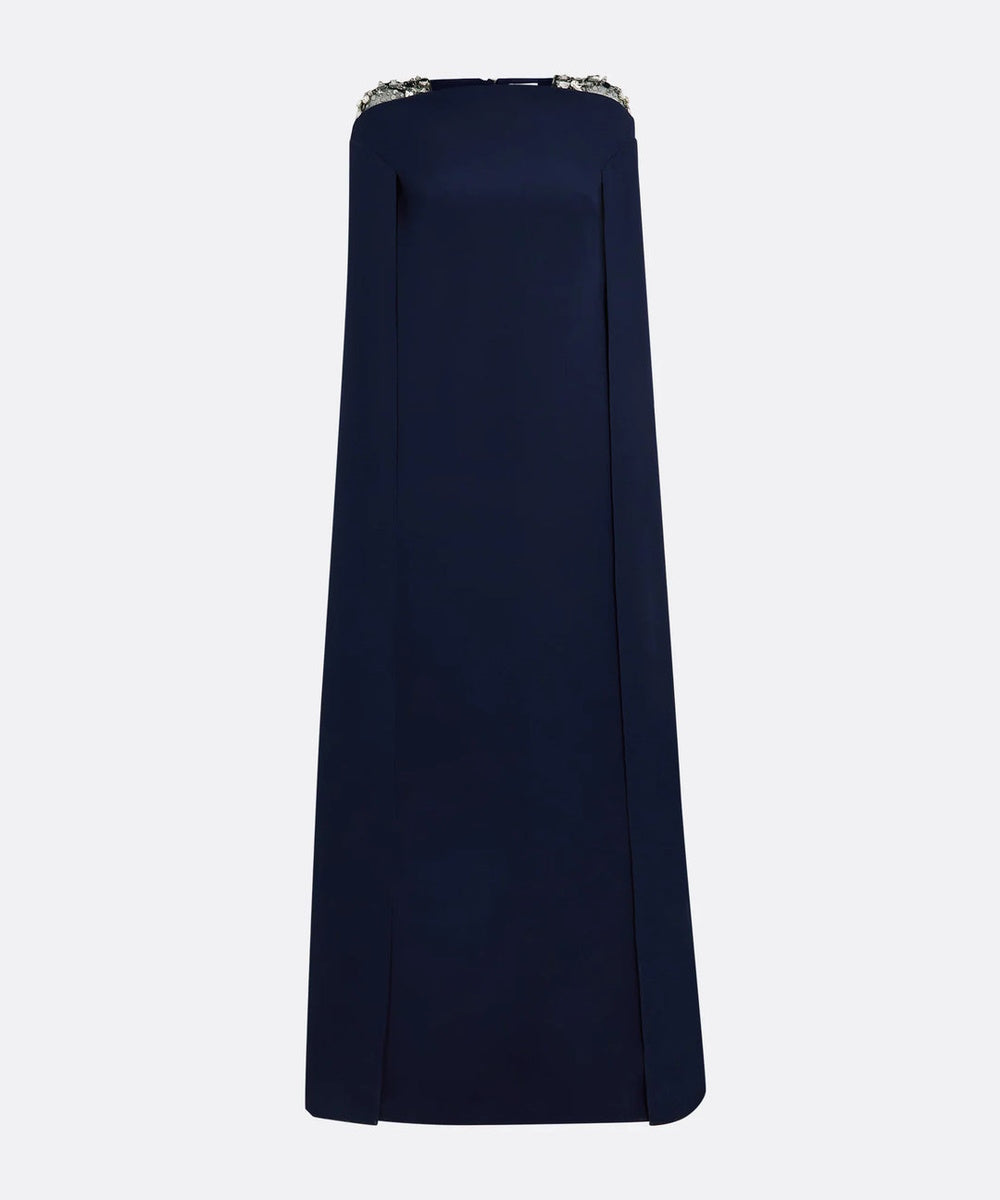 Navy Off Shoulder Crystal Embellished Cape Sleeve Column Maxi Gown