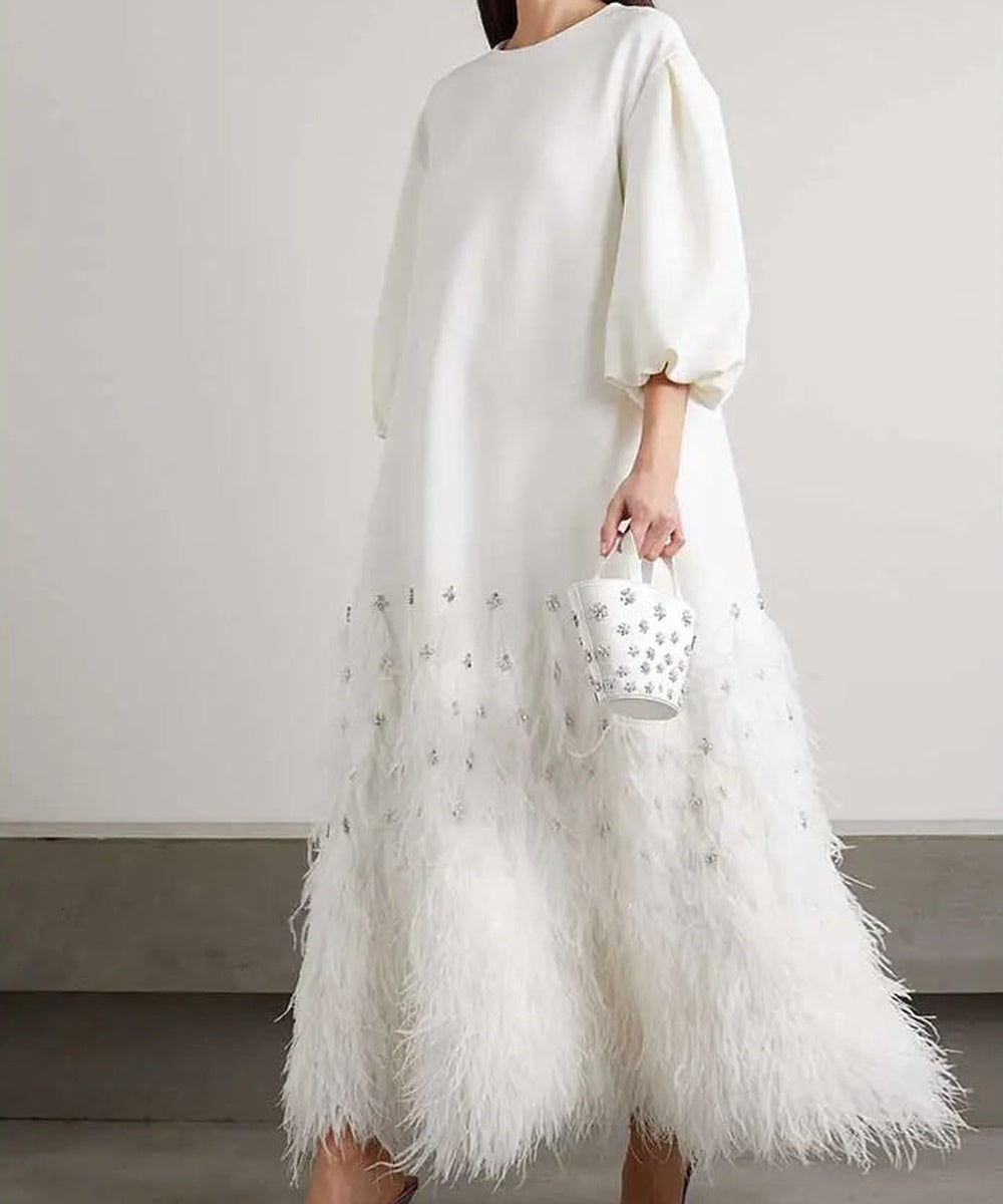 White Puff Sleeve Crystal Embellished Feather Hem Loose Maxi Evening Dress