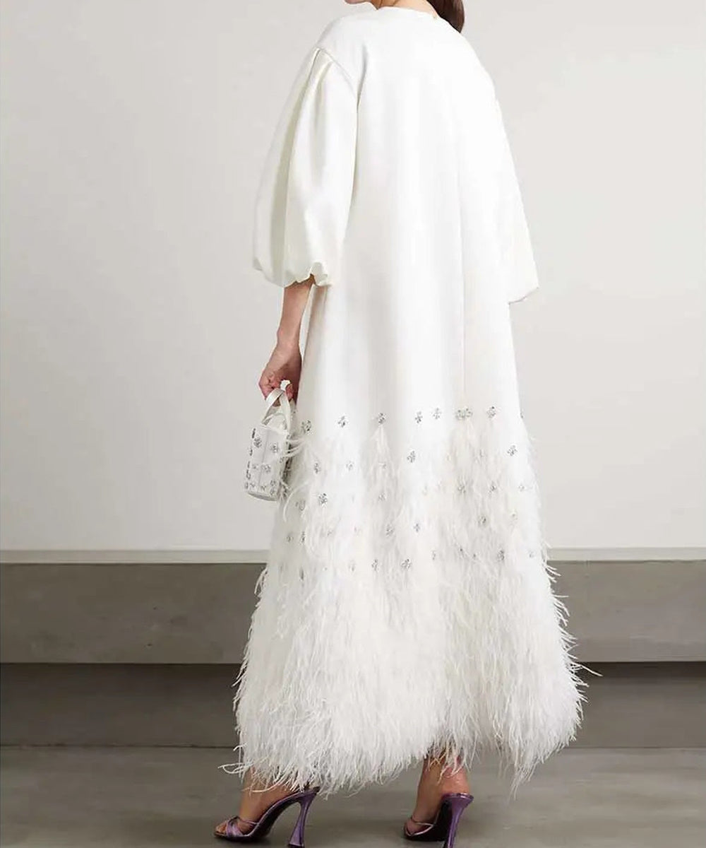 White Puff Sleeve Crystal Embellished Feather Hem Loose Maxi Evening Dress
