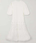 White Puff Sleeve Crystal Embellished Feather Hem Loose Maxi Evening Dress