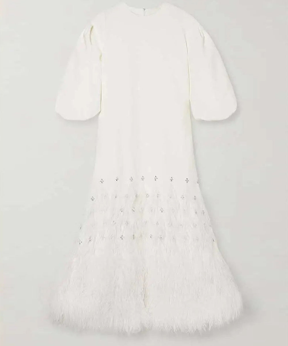 White Puff Sleeve Crystal Embellished Feather Hem Loose Maxi Evening Dress