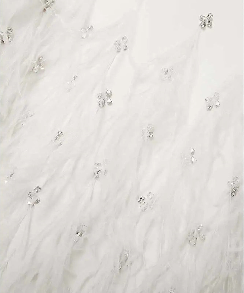 White Puff Sleeve Crystal Embellished Feather Hem Loose Maxi Evening Dress