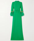 Vibrant Green Keyhole Neck Feather Cuff Tie Waist Column Maxi Evening Gown