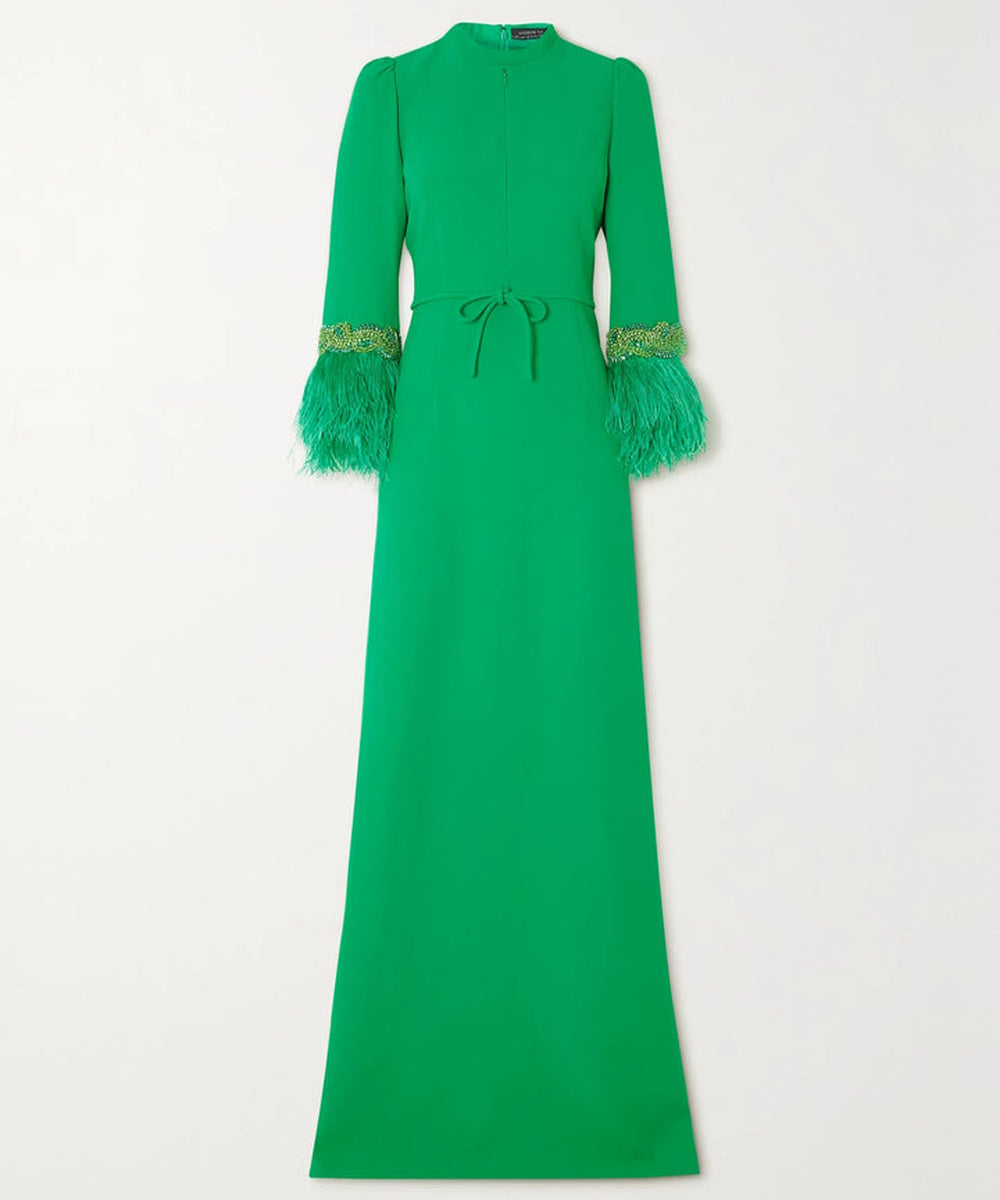 Vibrant Green Keyhole Neck Feather Cuff Tie Waist Column Maxi Evening Gown