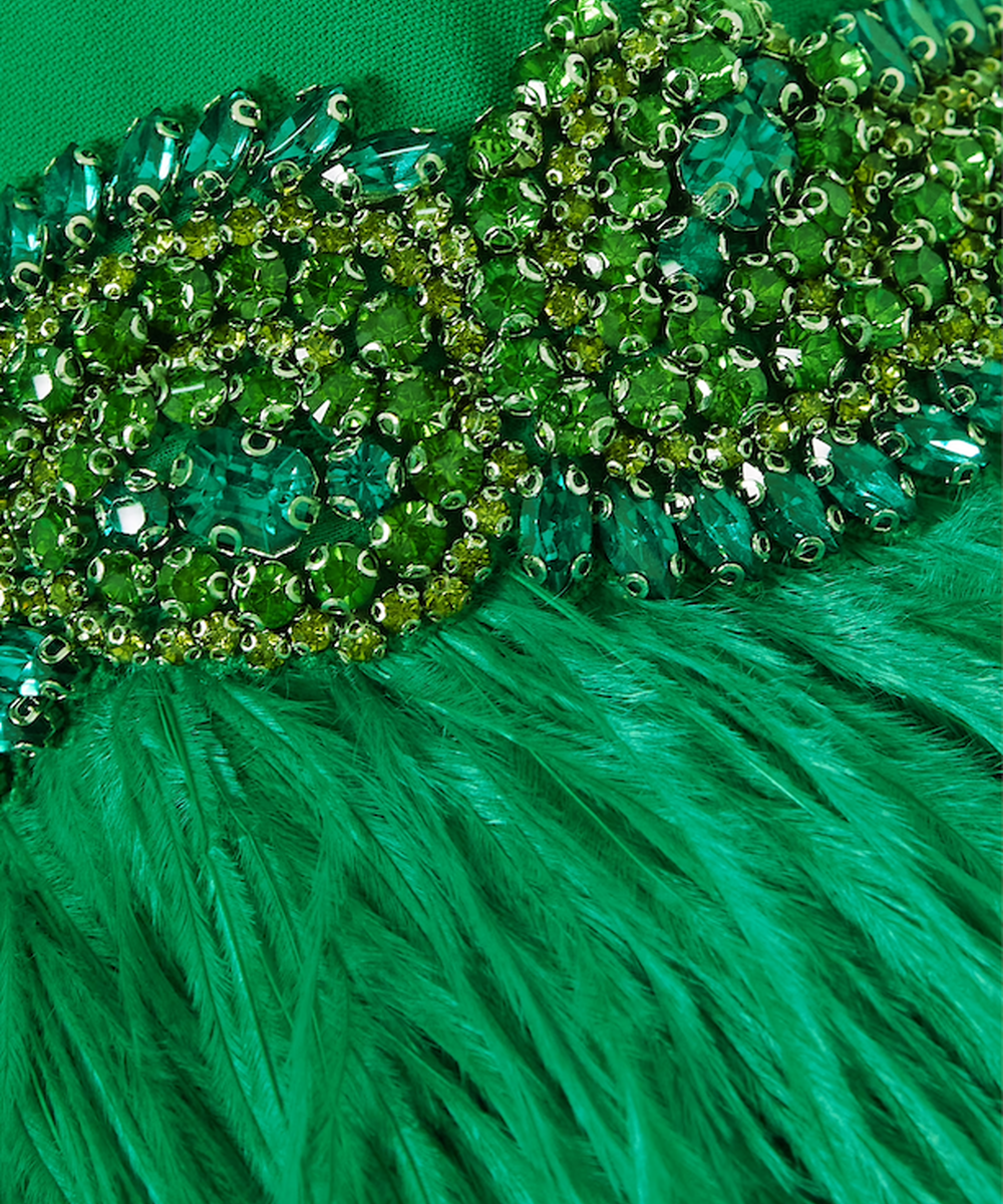 Vibrant Green Keyhole Neck Feather Cuff Tie Waist Column Maxi Evening Gown