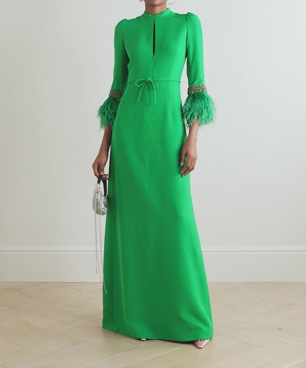 Vibrant Green Keyhole Neck Feather Cuff Tie Waist Column Maxi Evening Gown