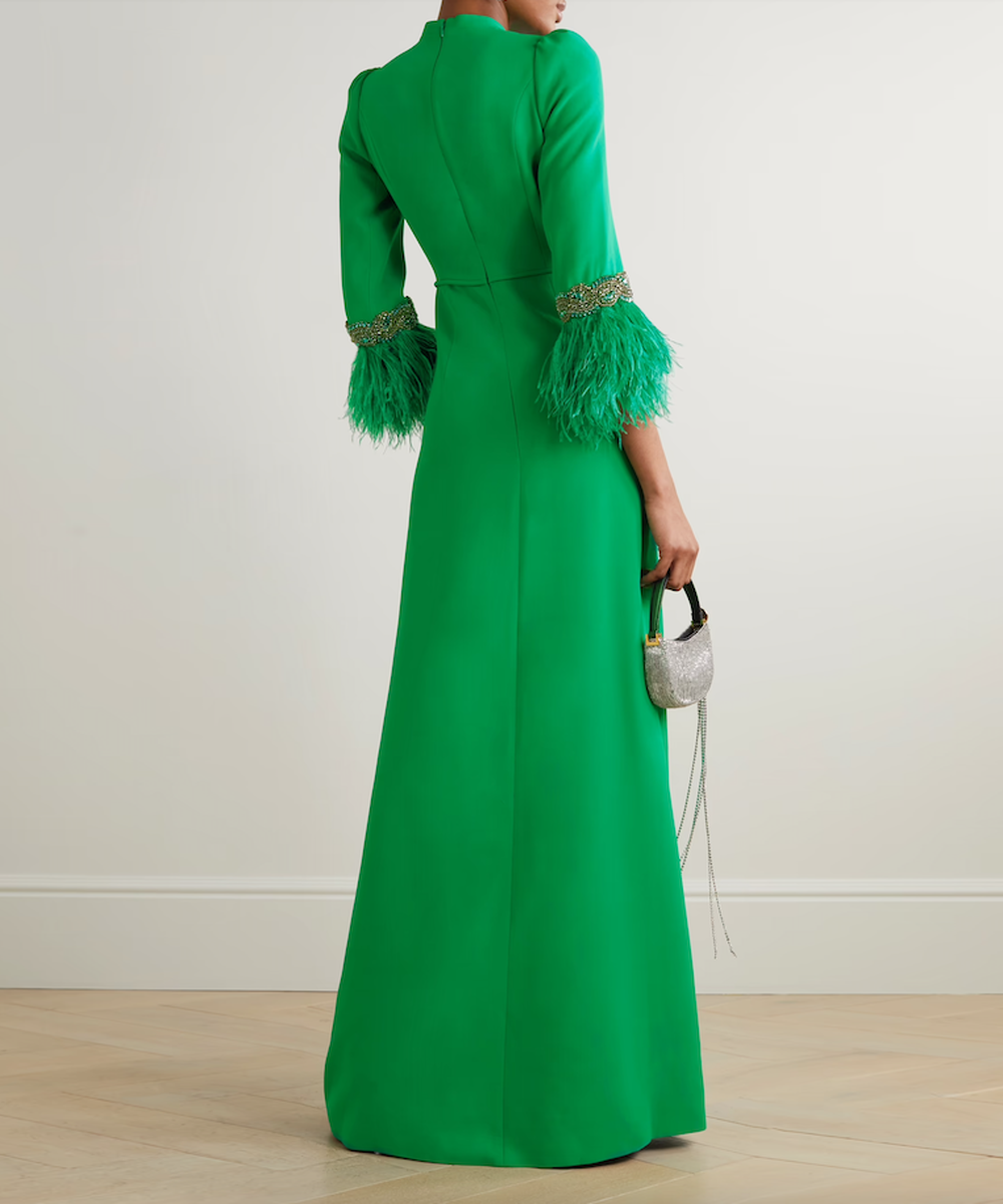 Vibrant Green Keyhole Neck Feather Cuff Tie Waist Column Maxi Evening Gown