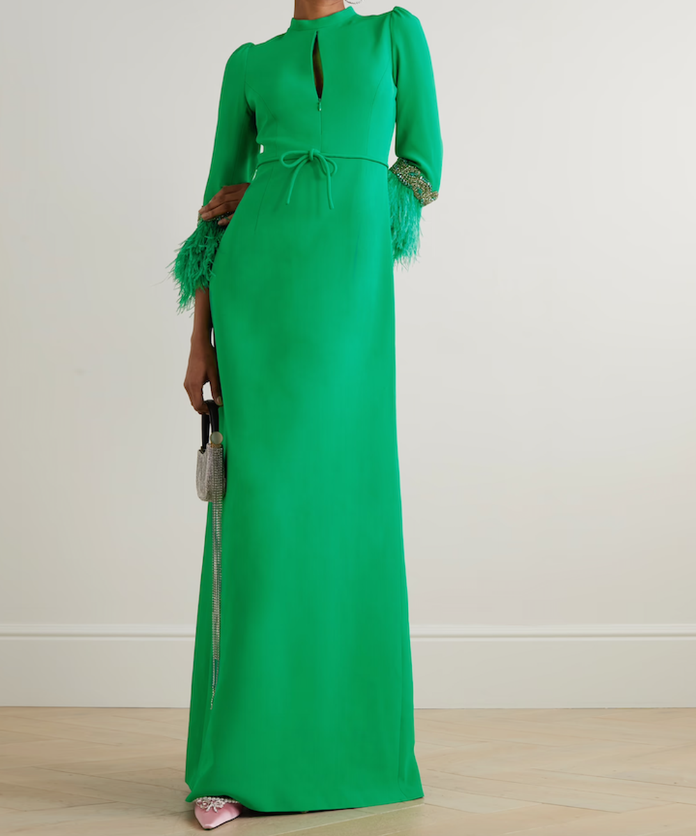Vibrant Green Keyhole Neck Feather Cuff Tie Waist Column Maxi Evening Gown