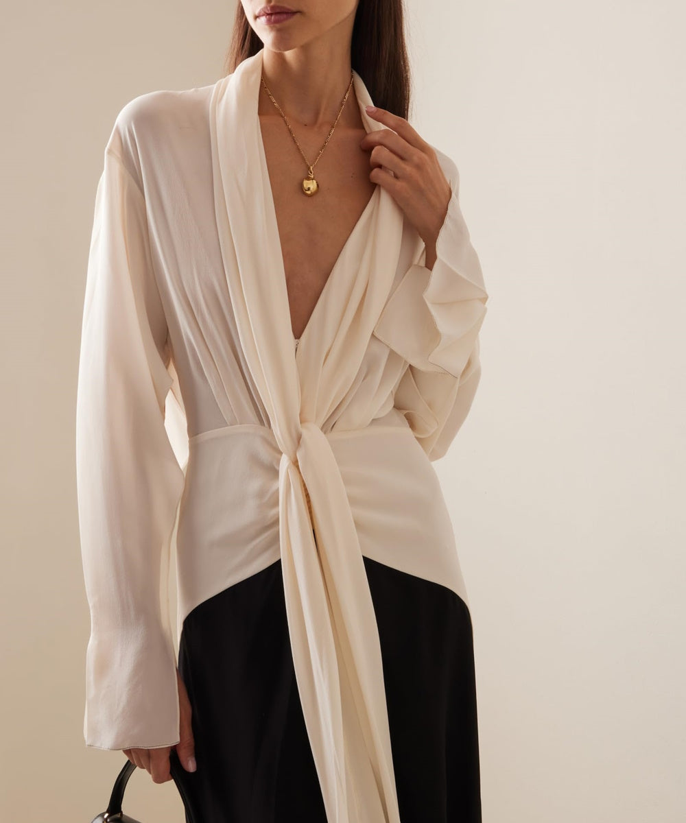 Black And White Color Block Deep V Twist Waist Long Sleeve Satin Mermaid Maxi Gown