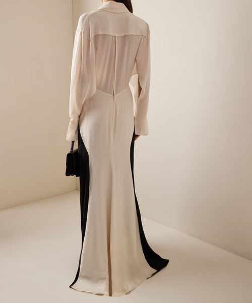 Black And White Color Block Deep V Twist Waist Long Sleeve Satin Mermaid Maxi Gown