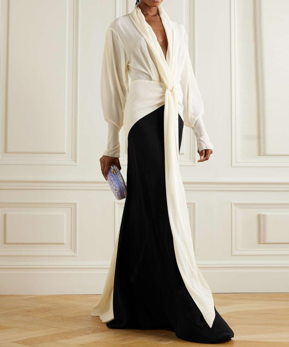 Black And White Color Block Deep V Twist Waist Long Sleeve Satin Mermaid Maxi Gown