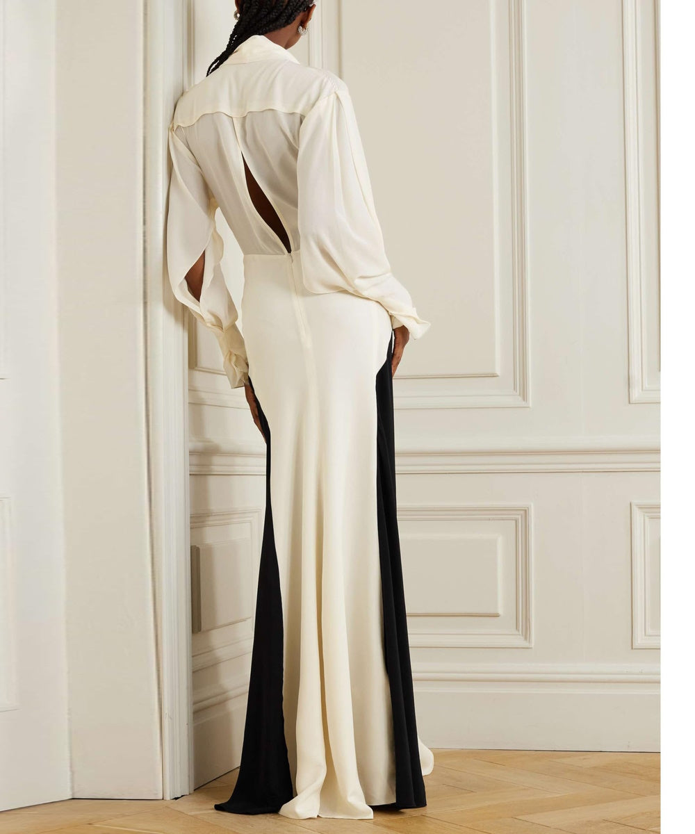 Black And White Color Block Deep V Twist Waist Long Sleeve Satin Mermaid Maxi Gown
