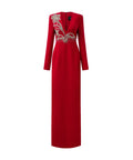 Red Long Sleeve Deep V Floral Crystal Embellished Column Maxi Evening Gown
