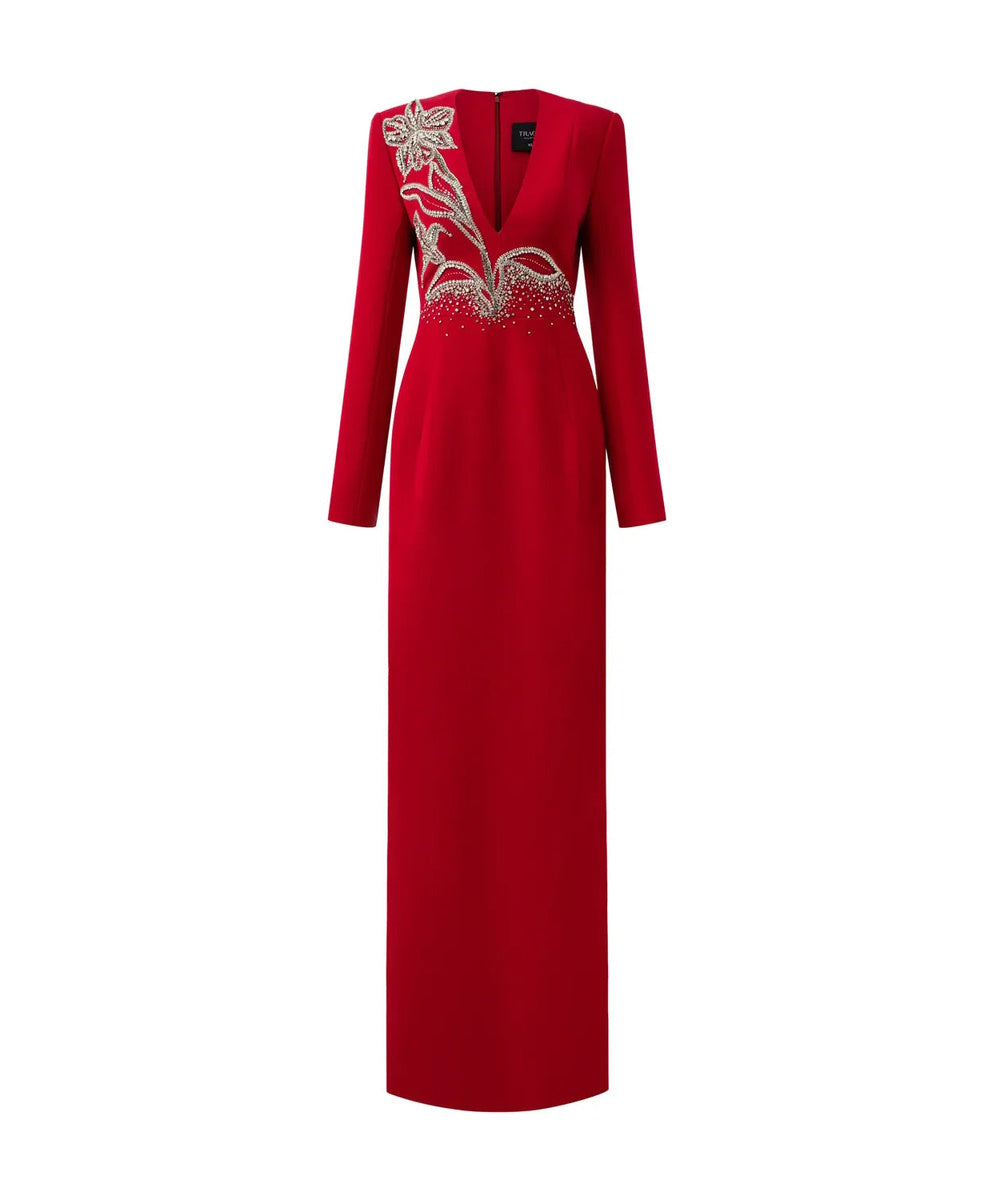 Red Long Sleeve Deep V Floral Crystal Embellished Column Maxi Evening Gown
