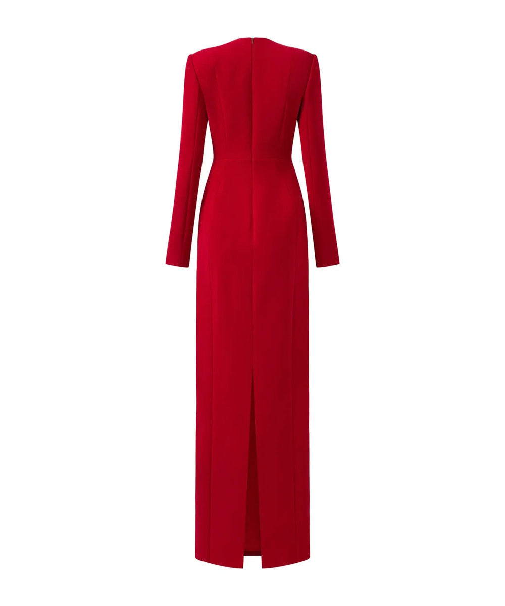 Red Long Sleeve Deep V Floral Crystal Embellished Column Maxi Evening Gown