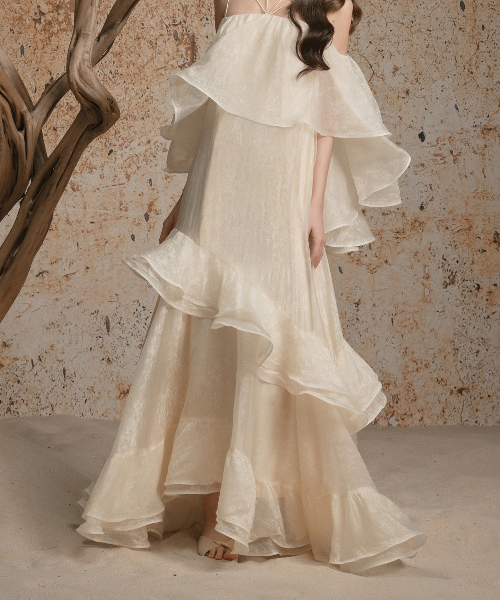 Cream Off‑the‑Shoulder Ruffled Tiered Maxi Evening Dress