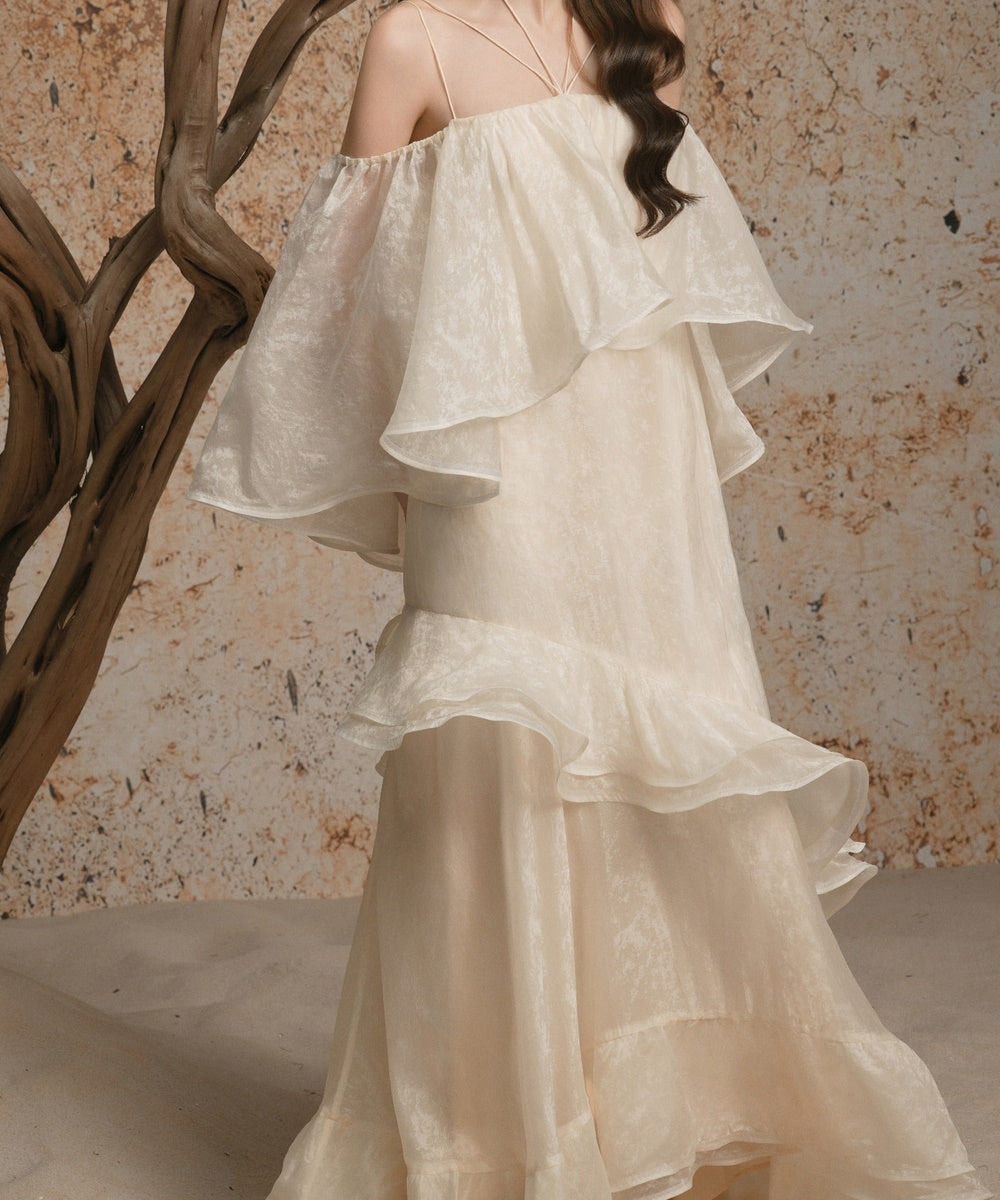 Cream Off‑the‑Shoulder Ruffled Tiered Maxi Evening Dress
