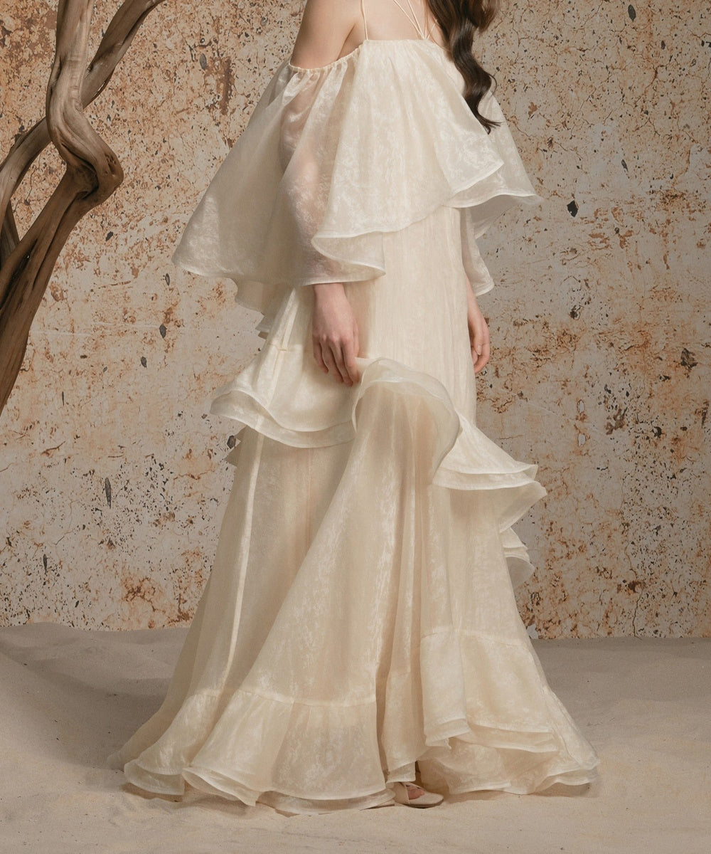 Cream Off‑the‑Shoulder Ruffled Tiered Maxi Evening Dress