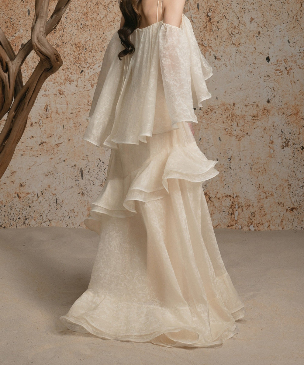 Cream Off‑the‑Shoulder Ruffled Tiered Maxi Evening Dress