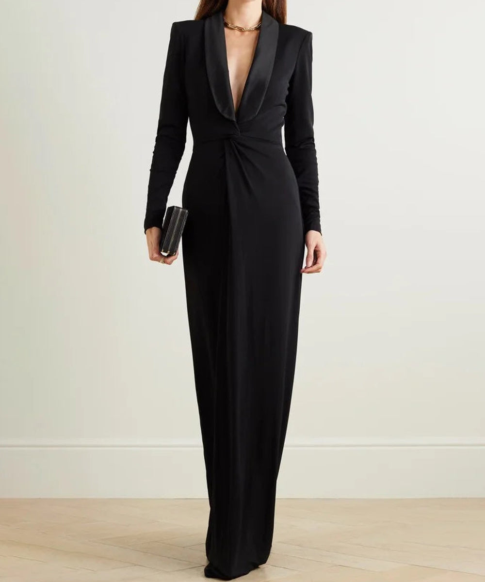 Black Satin Lapel Deep V Twist Waist Long Sleeve Maxi Evening Gown