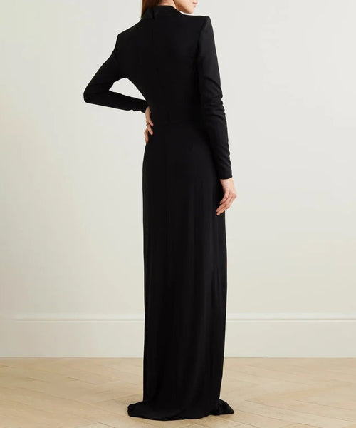 Black Satin Lapel Deep V Twist Waist Long Sleeve Maxi Evening Gown